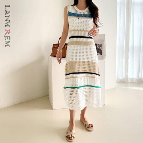 LANMREM Summer recommended Korean elegant small hollow-out fashion stretch dress summer knitted sling dresses WO0150