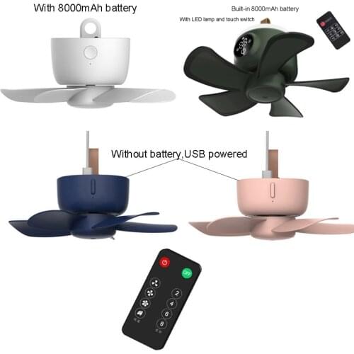 8000mAh USB Rechargeable Remote Control Timing 4 Gears Ceiling Fan for Tent Bed 19QE