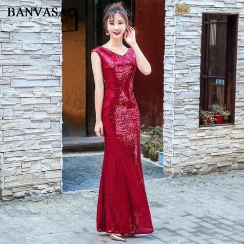 BANVASAC 2018 Sequined Short Cap Sleeve Mermaid Long Evening Dresses Party V Neck Illusion Backless Prom Gowns