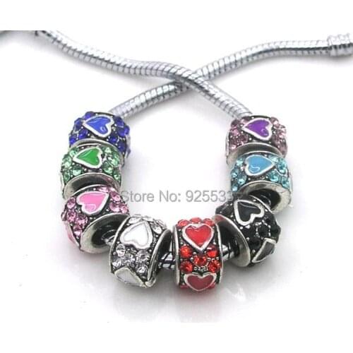Free Shipping 10x6.5mm alloy heart design Big Hole Rhinestone Loose Beads fit European Jewelry Bracelet Charms DIY