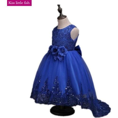 Free shipping Blue Champagne Flower girl dresses Girls birthday party dress 2-12 age