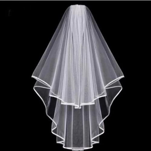 Tulle White Ivory Two Layers Wedding Veils Ribbon Edge Comb Cheap Wedding Accessories Short Bridal Veil