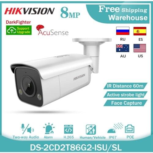Hikvision 4K 8MP IP Camera AcuSense DS-2CD2T86G2-ISU/SL DarkFighter IP67 60M POE H.265+ SD Slot Audio Alarm Video Bullet Camera