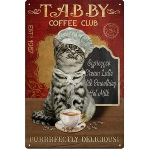 Coffee Cat Vintage Metal Tin Sign Home Kitchen Wall Retro Poster Plaque 8x12 Inch