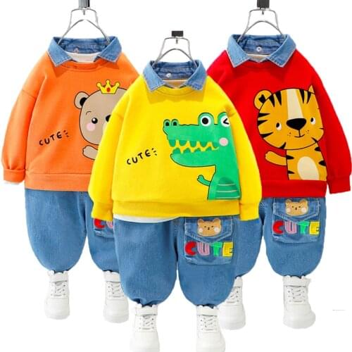Handsome Toddler Bear Crocodile Tiger Lapel Pure Cotton Blouse + Jeans 2Pcs Suit For Boys 2021 New Autumn Kids Clothing Set