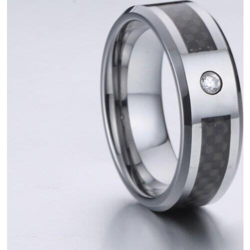 Cool Tough Guy Man Black carbon fiber 8mm tungsten ring with stone Marriage wedding band couple rings for men