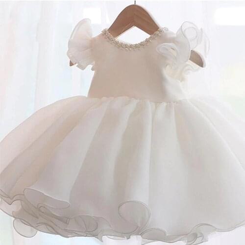 Summer Bow White Baptism Dress 1 Year Birthday Dress For Baby Girl Clothing Pink Party Wedding Beads Princess Dress Kids Clothes