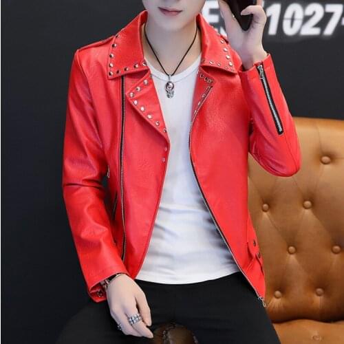 Men brief paragraph character nail riveting leather jacket lapel inclined zipper PU leather teenagers cultivate ones morality