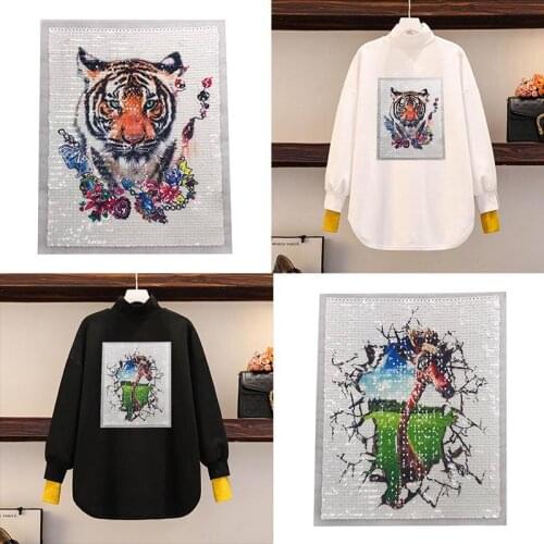1PCS New Sequins 3D Animal Tiger Patch Sew on Applique Sew Deer Icon Embroidery For DIY Apparel Decor