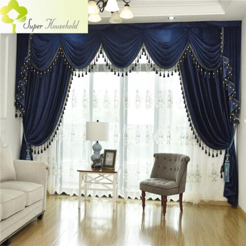 2019 New Mazarine Dutch Velvet Curtains Screen Hotel Fabric Window Valance European Curtain for Living Room Bedroom Customized