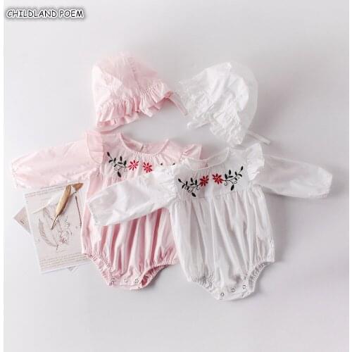 Baby Girl Clothes Embroidery Flower Newborn Baby Clothes Ruffle Baby Girl Romper Jumpsuit 100% Cotton Baby Romper With Hat