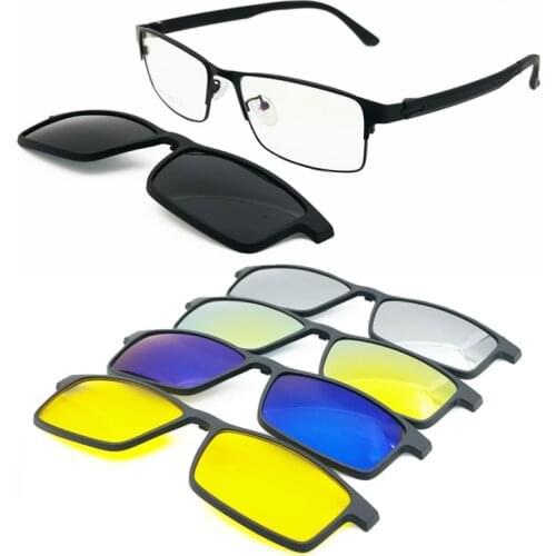 One Frame 5 Lenses Metal Clip on Sunglasses Full-rim Rectangle Prescription Glasses with Megnatic Clip on Polarized Sunlens 9611