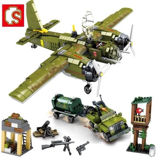 SEMBO Military Plane Weapon P-40 Fighter Ju-88 Bomber Building Blocks WW2 Helicopter Pilot Army Soldier Figures Bricks Kids Toys