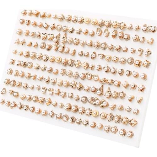 100pairs Random Mixed Styles Gold White Pearl Flower Geometric Plastic Stud Earrings Set For Women Jewelry Brincos Oorbellen