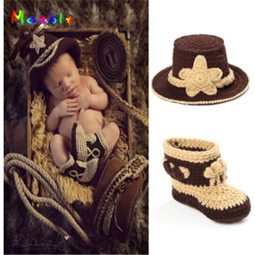 Stylish Western Cowboy Hat&Booties Set Newborn Boy Cowboy Photo Photography Props Knitted Infant Cartoon Costume MZS-14026
