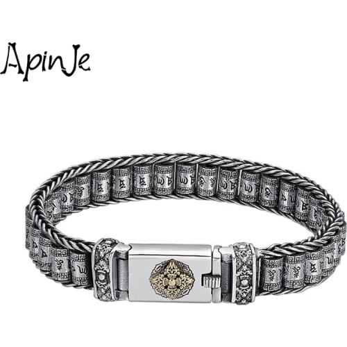 Apinje Vintage 925 Sterling Silver Bracelet for Men And Women Vajra Six Words Mantra Good Luck Gift Thai Silver Mens Jewelry