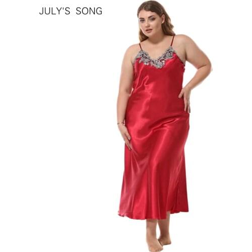 July’s Song Plus Size Women Nightdress Sleeveless Strap Sexy Lace Summer Autumn Nightgown Faux Silk V-Neck Robe Home Wear