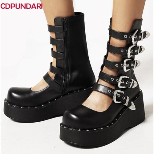 Ladies Black High Heels Platform Ankle Boots For Women Spring Autumn Wedges Punk Short Boots Shoes Bottines Femme Botines Mujer