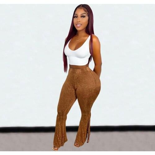 Women High Waist Skinny Flare Pants with Tassel Sexy Fleece Print Wrap Hip Long Trousers 2021 Autumn Casual Solid Streetwear