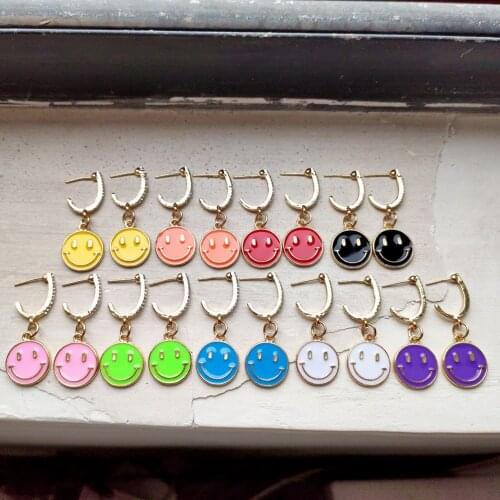 Flatfoosie Shiny Crystal Smile Face Enamel Drop Earrings For Women Fashion Gold Color Smiley Dangle Earring Statement Jewelry
