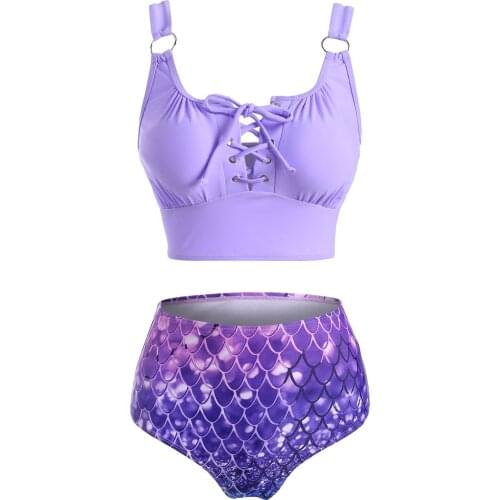 Wipalo Women Bikini Sets Lace Up O Ring Mermaid Print Tankini Swimwear Sexy Padded Push Up Two Piece Bathing Suits Beach Wear