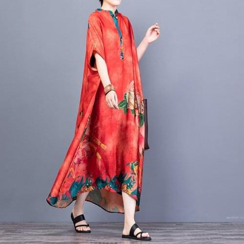 Plus Size Floral Silk Dresses Women Natural Silk 2020 Summer Maxi Dresses For Women Robe Vintage Femme Oversized Vestidos 11330