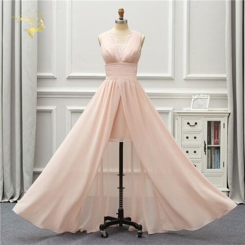 Jeanne Love Formal Long Evening Dress 2020 Pink Lace Chiffon Open Leg V Neck Robe De Soiree Vestido De Festa OL5241 Prom Gowns