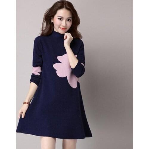 Autumn Winter Solid color knitting Sweaters Dress Women Fashion Loose O-Neck A-Line Dress Casual Print Long sleeve dress Female