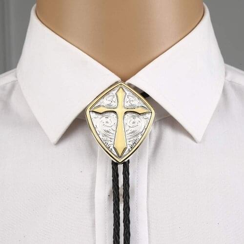 Gold Romen shield cross pattrn bolo tie for man Indian cowboy western cowgirl leather rope zinc alloy necktie