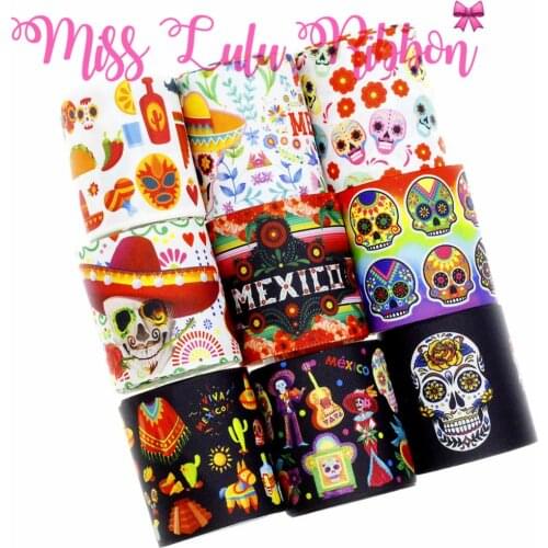 16mm-75mm Skull Series Printed Grosgrain/Foe Ribbon Cactus DIY Mexico National Day Hair Band Making 50yards/roll Gift Bowknots
