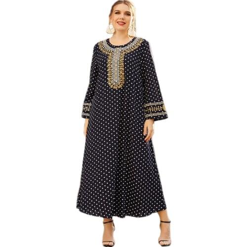 Abaya Muslim Women Long Dress Ramadan Islamic Clothing Kaftan Arab Polka Dot Embroidery O-neck Ethnic Vintage Spring Autumn New