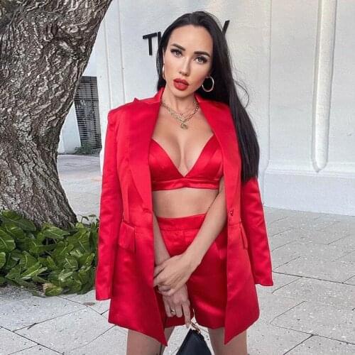 Ailigou New Summer Ladies Red 3 Three-Piece Sexy Long Sleeve Jacket And Short Pants Club Jacket Fashion Ladies Celebrity Set