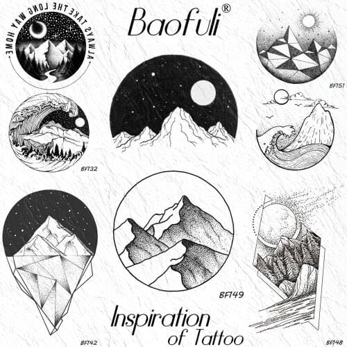 Baofuli Round Mountain Moon Galaxy Temporary Tattoo Sticker Geometric Black Fake Tattoo Body Art Tattoo Women Men Hand Arm Peak