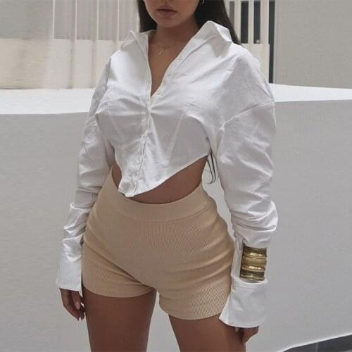 Fashion Women Solid Color Blouses Club Long Sleeve Turn-down Collar Irregular Hem Crop Tops Ladies Sexy Shirts Streetwear