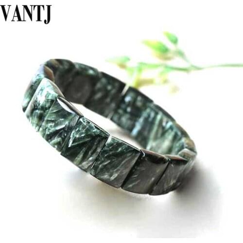 VANTJ Genuine Natural Green Seraphinite Bangle Bracelet Jewelry For Woman Lady Man Gift Crystal Stretch Rectangle Beads Strand