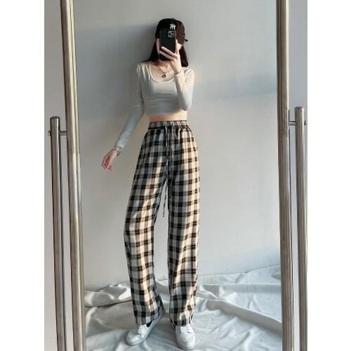 Black White Plaid Women Wide Leg Pants Loose High Waist Slim Straight Casual Mopping Trousers Sportswear Sweatpants