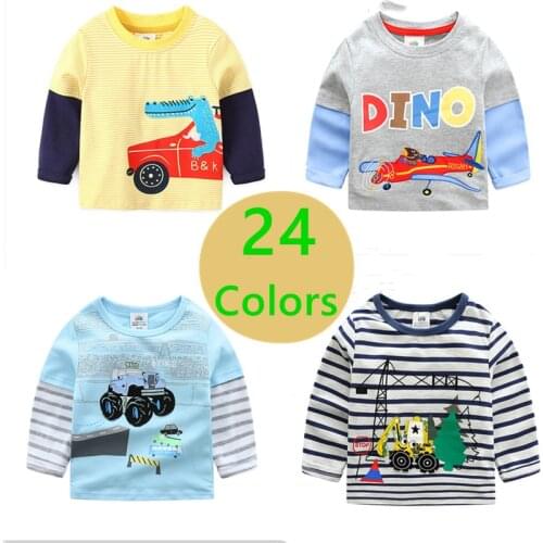 2021 Spring Autumn New 2-9 10Years Children Cotton Striped Patchwork Tees Kids Car Bus Truck Long Sleeve T Shirts For Baby Boys
