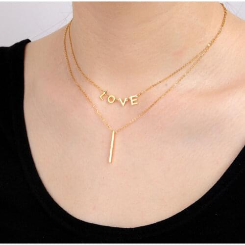 Classic Design double-layer Titanium Steel Necklace Upper Layer Love Letter Lower Layer Strip Pendant Necklace For Gift Woman