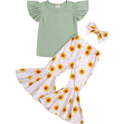 Girls Clothes Set Green Solid Color Fly Sleeves Tops Floral Printed Pattern Flared Trousers and Headdress