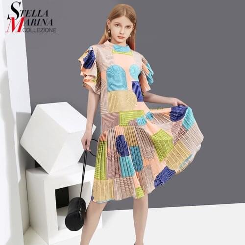 Korean Style Short Sleeve Woman Summer Clothing Multiclor Printed Pleated Dress Ladies Cute Sweet Casual Midi Dresses Robe 6478