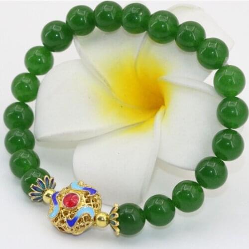 8mm round beads natural stone green Taiwan jades chalcedony bracelet bangle gold-color cloisonne original jewelry 7.5inch B2689