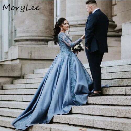 Lace Evening Dresses Scoop Long Sleeves Floor Length Lace Applique Crystal Satin Evening Dress vestidos de fiesta de noche