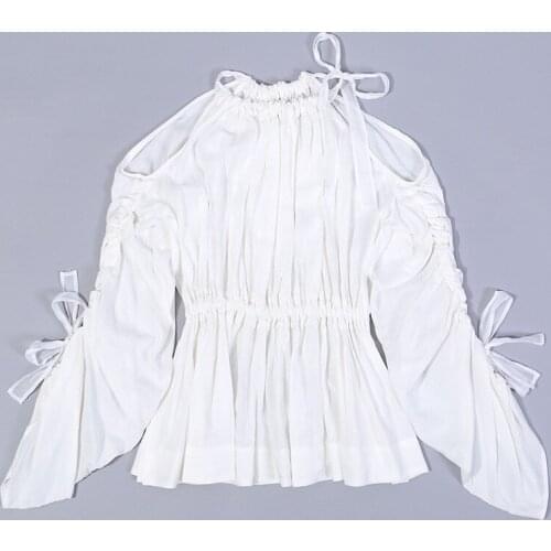 2019 Summer Cute Womens Shirt Off Shoulder Halter Stack Half Sleeve Blouse Tops Girls Solid White Blue Sweet