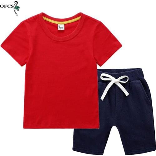 Best Seller Kids Clothes 2 Pcs Set Teenagers Solid or Cartoon Cotton Casual Suit Short Sleeve T-shirt + Fashion Shorts 2-12Years