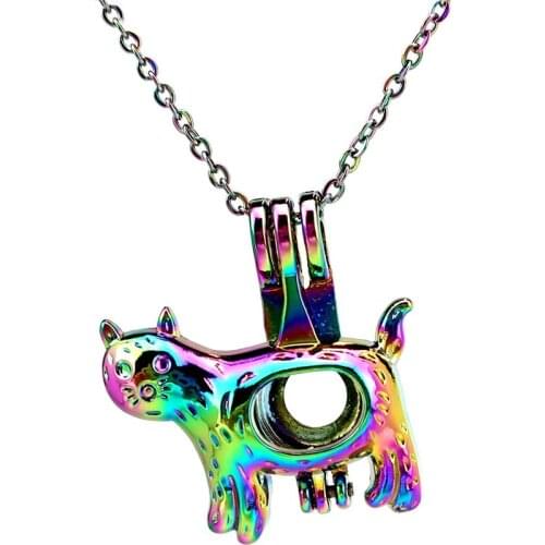 C911 Rainbow Color Cute Cartoon Cat Beads Pearl Cage Necklace Pendant Aroma Essential Oil Diffuser Fun Gift