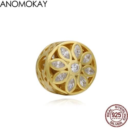 Anomokay Trendy Gold Color Flower Charm Lock Button with White Crystal 925 Silver Stopper Beads