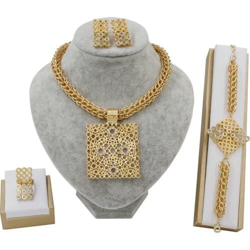 Dubai Gold Jewelry Sets for Women Jewelry Pendant Square Necklace Bracelet Ring Earrings Brand Design Wedding Jewelry