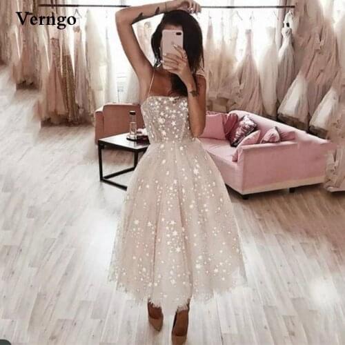 Verngo A Line Stars Tulle Short Wedding Dress Spaghetti Straps Tea Length Bridal Party Dresses Formal Gown