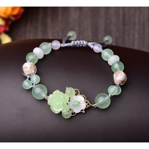 Retro Natural Chalcedony Jade Flower Adjustable Bracelet Charm Jewellery Fashion Hand Knitted Amulet Gifts Women Luck Bangle