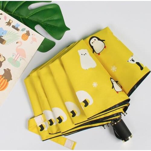 Student Child Lovely Fold Umbrella Fresh Little Penguin 3 Folding Anti-UV Black Glue Sunscreen Sunny Umbrella